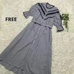 ストライプ柄ロングワンピース　5部袖　レース　ブルー　綿　FREE
