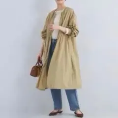 新品　ギャザー ドロスト ノーカラー コート 撥水