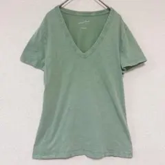 ★古着 グリーン Vネック Tシャツ【S】 半袖 シンプル 無地 レディース