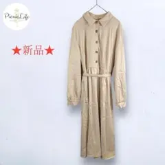 新品 長袖シャツロングワンピース ウエストマーク フレア S 春秋 ナチュラル