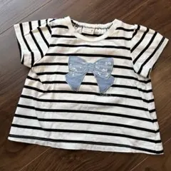 プティマイン　ストライプ柄 半袖Tシャツ リボンモチーフ　90