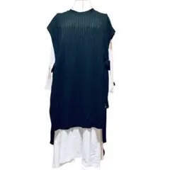 黒 リブ編み ニットロングワンピース