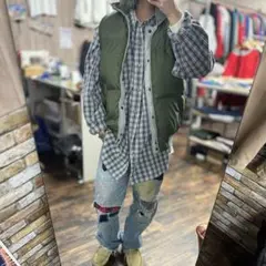 リバーシブル 中綿 古着オリーブグリーン ナイロンベスト