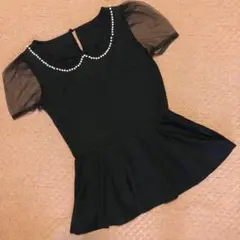 MURUA パール×レース装飾付きトップス チュール袖 パフスリーブ ぺプラム黒