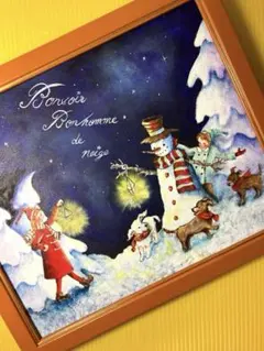 トールペイント作品　スノーマンと3匹ワンちゃん　34cm額