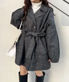 【NICE CLAUP】ウエストベルト付きグレーコート