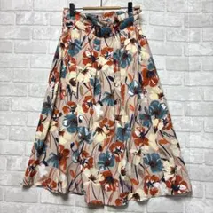 ViS ロングスカート フレア L 美品 ベージュ 花柄 ベルト付き 派手