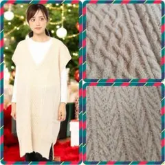 ミズイロインド◎ニットベスト ロングベスト チュニック(F)ケーブル編みVネック