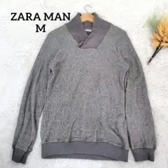 ザラマン メンズニット(M)トグルボタンコットン グレー ダブルカラー