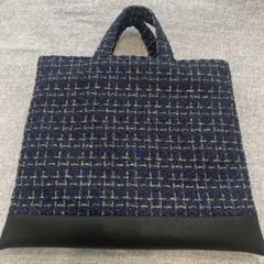 ハンドメイド　ツイード　サブバッグ　ネイビー