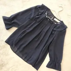 tocco closet ビジュー付き フレアカットソー 7分袖 ネイビー M