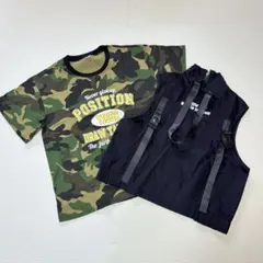 140cm キッズ 迷彩Tシャツ & 黒ジップアップベスト 2点セット ダンス