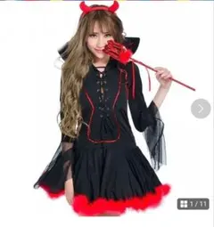 コスプレ衣装 黒いフリル付きミニドレス 赤い装飾付き　大きめ