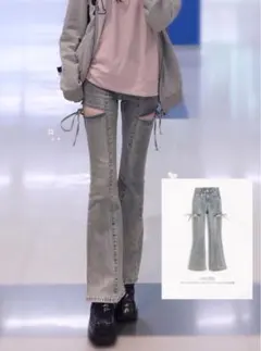 GRL サイドカットアウトリボンフレアデニムパンツ ライトブルー Sサイズ