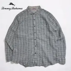 トミーバハマ リネン長袖シャツ グレー 古着 麻100 刺繍ロゴ 大きめ XL