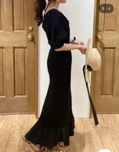 MERCURYDUO 異素材ヘム ロング ニット ワンピース ロング ブラック