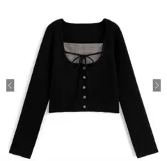 GRL an1917 チェック柄レイヤード風リボンニットトップス ブラック