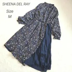 シーナデルレイ ロングワンピース M 花柄 プリーツ ネイビー ウエストゴム