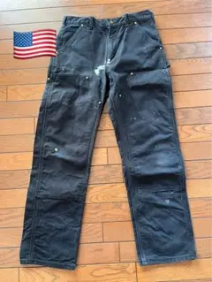 USA製 W32 ブラック Carhartt ダブルニー パンツ フェード USA製 Carhartt カーハート ダブルニー ブラック ダック パンツ