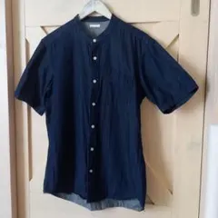 GU ダークブルー 　ノーカラー　半袖デニムシャツ　Lサイズ