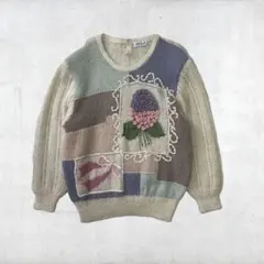 パッチワークニットセーター　花柄　リボン　アイボリー　古着　レトロ