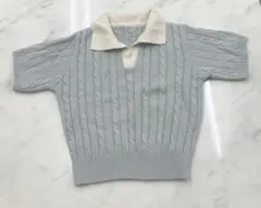 ケーブル編み サマーニット ポロシャツ 半袖 ブルーグレー×ホワイト