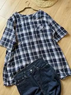 オーガニックコットン　綿素材　チュニック　ワイド　チェック　ネイビー　ナチュラル