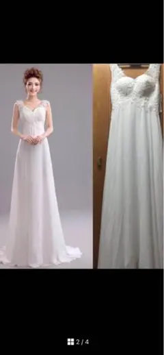 ホワイトウェディングドレス Aライン レース装飾