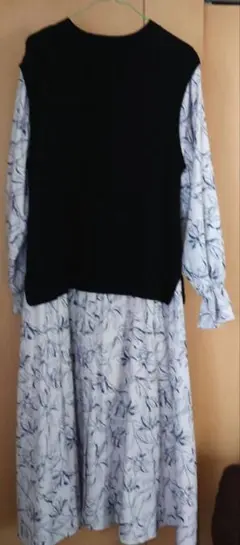 vis ニットワンピース 黒・白 花柄 サイズF