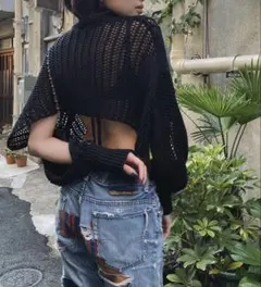 JUEMI グレー ケープ メッシュ ショート ニット