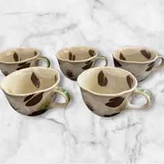 葉っぱ模様の陶器カップ5個セット コーヒーカップ ティーカップ 和風