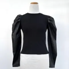 ZARA ザラ フェイクレザー パフスリーブ ブラック リブ トップス