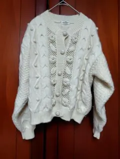 【古着・難】アイボリー ケーブル編み ニットカーディガンセットアップ