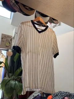 Majestic ストライプ リンガーTシャツ L