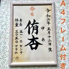 命名紙　手書きオーダー命名書　出産祝い　記念品　代筆　フレーム付き　匿名配送