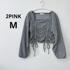 トップス 【M】 ギンガムチェック バルーンスリーブ ショート丈 大人可愛い