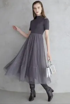 MERCURYDUO チュール ドッキング オープン ショルダー ワンピース