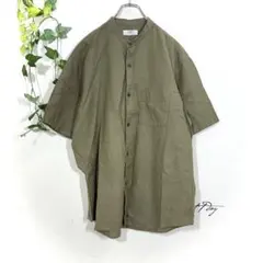 ユニクロ リネンコットンスタンドカラーシャツ 半袖 L カーキ オリーブ 麻綿