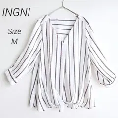 イング スキッパーブラウス M ホワイト ストライプ 裾タック ノーカラー