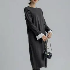 組曲 クミキョク 袖フリルニット ワンピース グレー 秋冬 上品