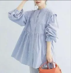 VIS ヴィス ストライプ 長袖ブラウス サイズF ブルー ふんわりシルエット