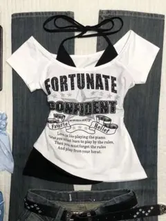 Y2K レイヤード風 オフショル トップス ホルターネック 英字ロゴ ホワイ