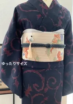 ❇︎ 粋な紬 単衣 着物 黒×臙脂 唐草文様 ゆったりサイズ 美品❇︎