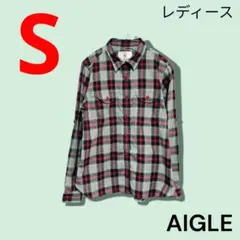 美品　AIGLE　エーグル　アウトドア　シャツ　チェック　赤×グレー　Sのサムネイル