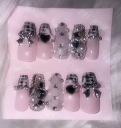 ネイルチップ 韓国 ワンホン ギャル ロング ガーリー 埋めつくし冬 ツイード