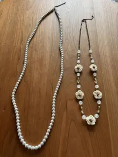 花モチーフネックレス×パール ロング2本セット ナチュラル可愛い デイリー用 糸