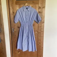 青と白のストライプ 半袖シャツワンピース S