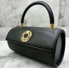 ✨美品✨ハナエモリ　ハンドバッグ　筒形　サークルロゴ　レザー　ブラック　冠婚葬祭