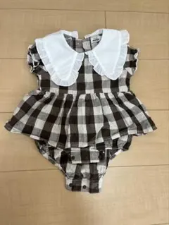 チェック柄ロンパース フリル襟