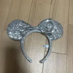 シルバー ミッキー型カチューシャ スパンコール　リボン付き